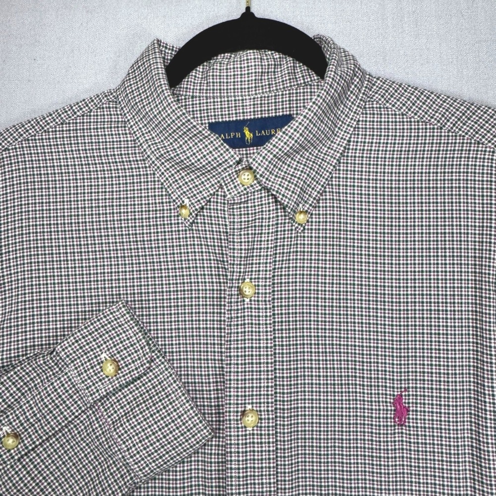 Ralph Lauren Button Down Shirt Mens Large Green Purple Check Long Sleeve Cotton